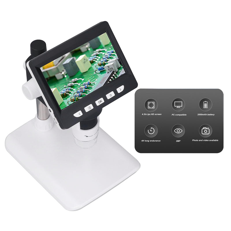 LCD Digital Microscope,4.3 Inch Screen 50x 1000x Magnification 2MP HD Camera 8 LED Light Metal Stand Rechargeable USB Microscope PCB Inspection Industrial Repair