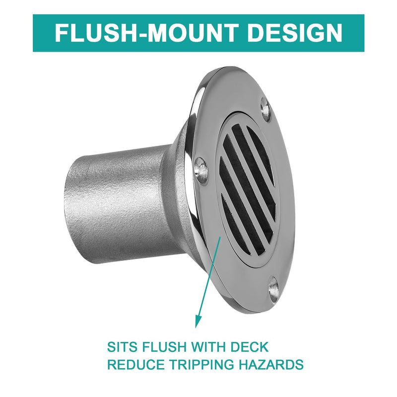 Boat Deck Floor Drain, 1-1/2 Inch Flush-Mount Marine Deck Drain, 316 Stainless Steel Drain Fitting with Screws