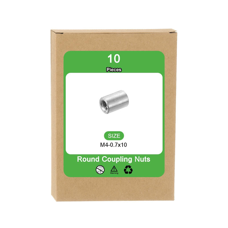 uxcell M4x0.7mm Round Coupling Nuts, 10 Pcs Carbon Steel Connector Nuts Fasteners Rod Bar Stud 10mm for Industrial Construction Fasteners, Silver M4-0.7 x 10mm