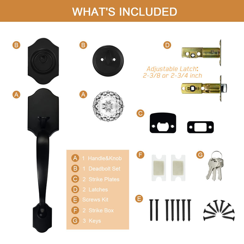 Black Front Door Lock Set with Single Cylinder Deadbolt and Crystal Glass Knob, Entry Front Door Handle Reversible for Left & Right Handed Door, Matte Black Finish 1
