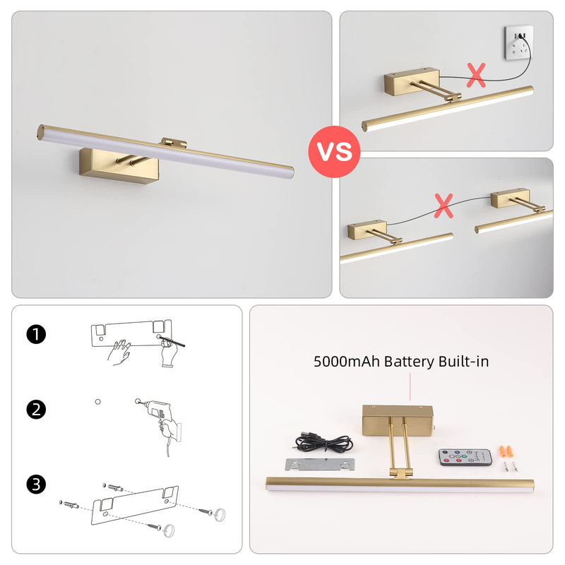 Picture Light,16inches Rechargeable Wireless Picture Light,Dimmable Led Artwork Lighting,Wall Lights for Paintings,Canvas,Gallery, Portrait (Brass) Copper-Plated