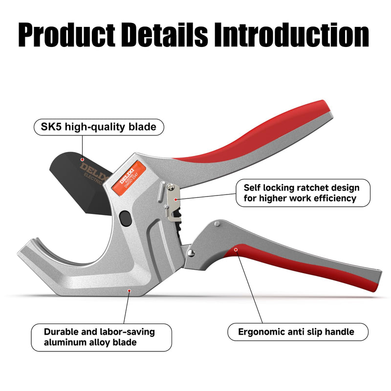 DELIXI PVC Pipe Cutter, 2-1/2" (63mm) Pipe Cutter with SK5 Blade, Aluminum Alloy Heavy-Duty Ratcheting Pipe Cutter Tool for PVC Pipe, PPR, PEX, Plastic Hoses & Plumbing Pipes