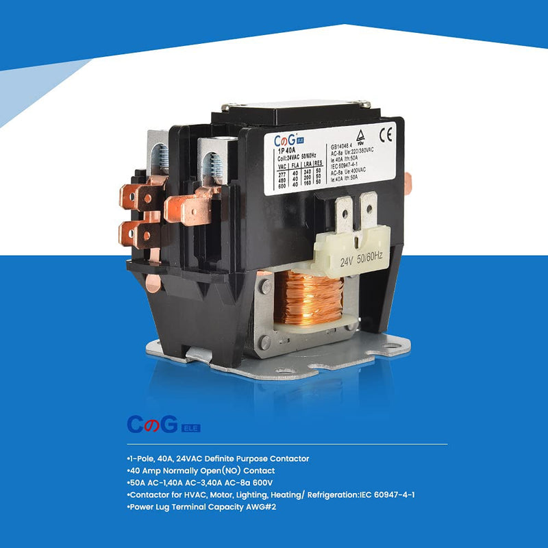 1 Pole Air Conditioner Contactor 40 Amp 24VAC Coil,Condenser Contactor Compressor Contactor AC Definite Purpose Contactor (Pack of 1 Pcs)… 1P 40A 24V