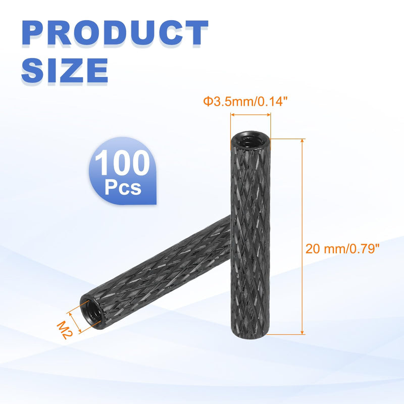 MECCANIXITY 100Pcs M2 x 20mm Aluminum Knurled Spacer Standoff, Round Coupling Nut Bolt Connector Nut Sleeve Stud Rod Fastener for RC Drone Quadcopter FPV Drone DIY Parts (Black, 3.5mm OD) M2 x 20mm x 3.5mmOD 100