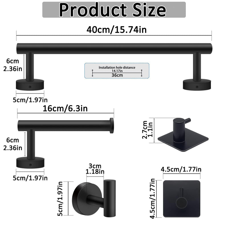 FireBee 5-Piece Bathroom Hardware Set, Matte Black Bathroom Accessories Set, 304 Stainless Steel Bathroom Fixtures-Includes 16" Black Towel Bar, Toilet Paper Holder & 3 Robe Hooks