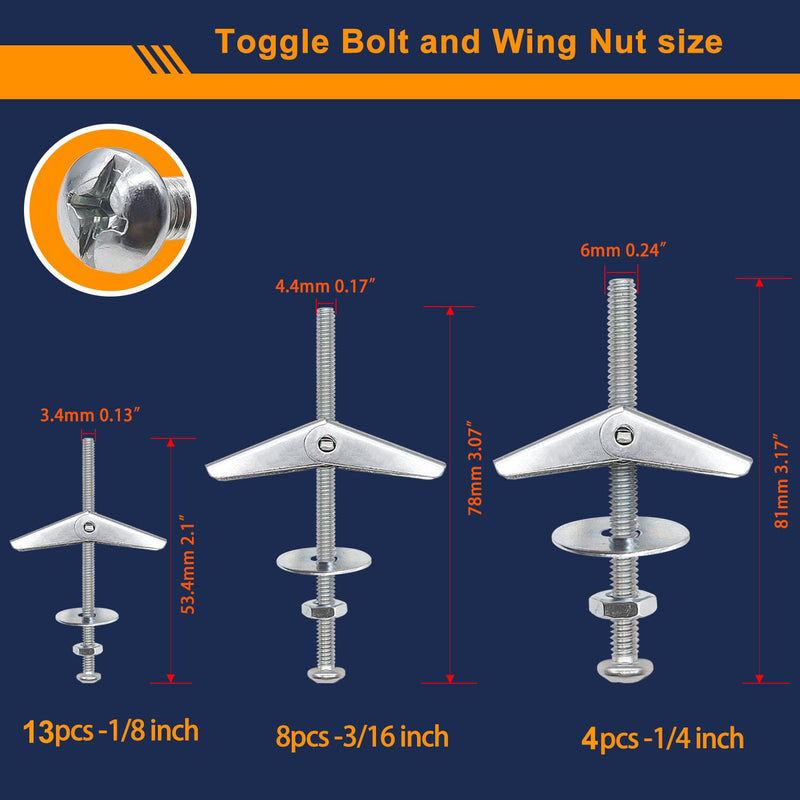 weideer 100Pcs Toggle Bolts 1/8" 3/16" 1/4" Heavy Duty Drywall Anchors and Screws Assortment Set Toggle Bolts and Wing Nut Kit with Nuts washers (25sets) K-136 Toggle Bolts+Nuts washers