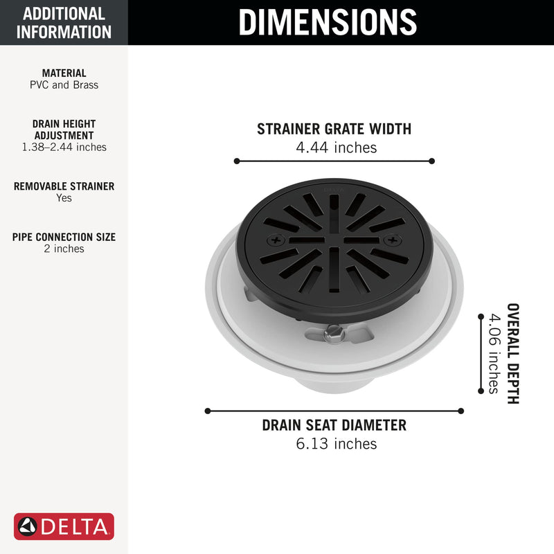 Delta 4 Inch Matte Black Tile-In Round Shower Floor Drain with Gasket and Removable Drain Gate, Matte Black DT061411-BL