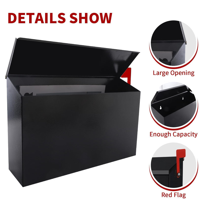 Wall-Mount Mailbox with Flag Metal Mail Box for Outside Large Capacity Rust-Proof Post Box for House Use, 14.2” x 4” x 9.5”, Black