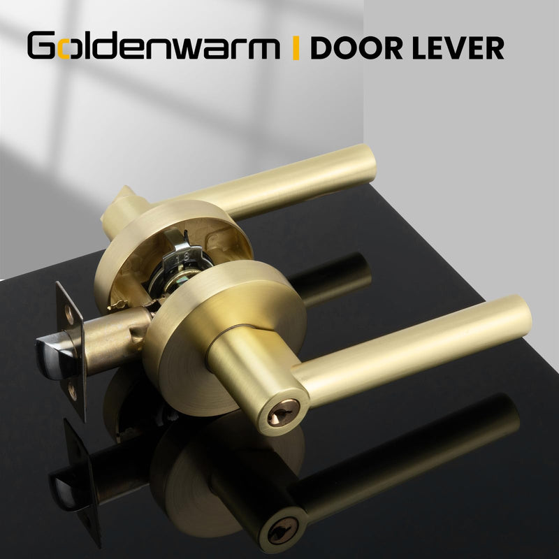 goldenwarm Exterior Deadbolt and Keyed Entry Door Handle Set, Heavy Duty Zinc Alloy Gold Door Lever, Key Entry Front Brushed Gold Door Handle with Lock and Key(1 Pack) 1 Pack Handleset