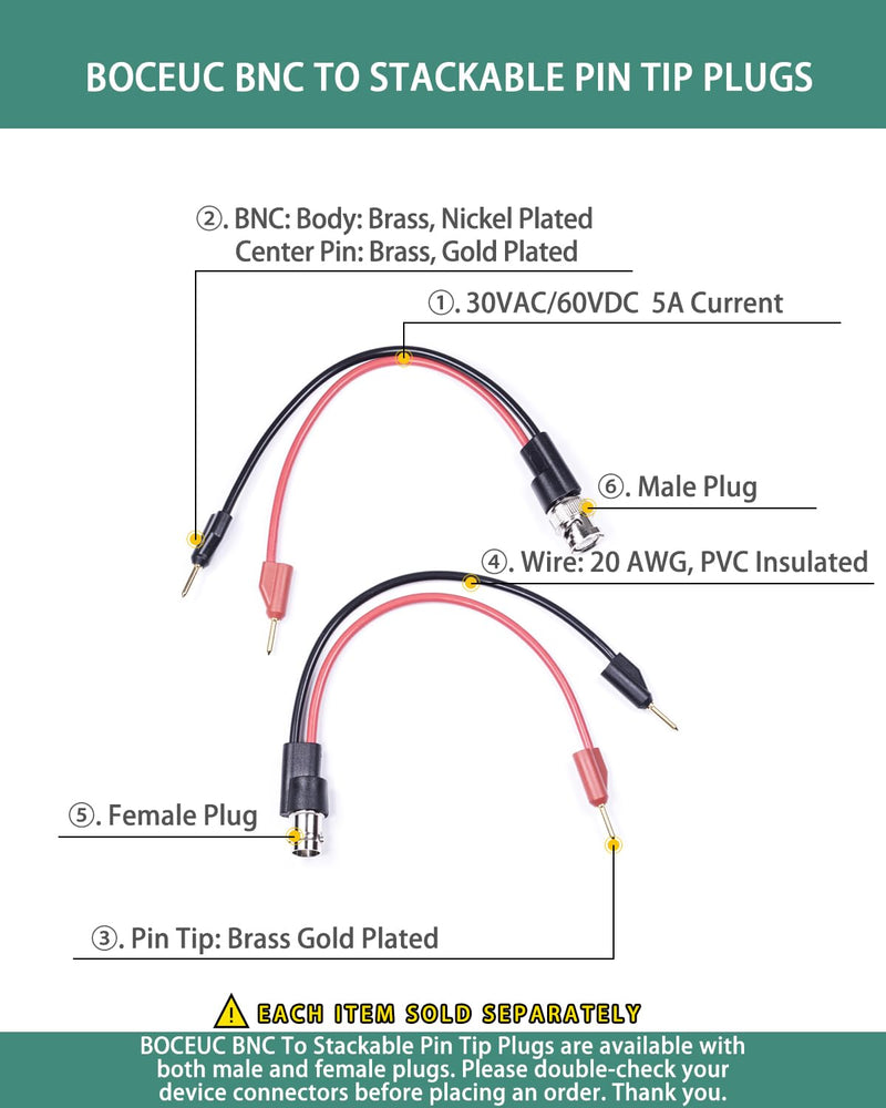 BNC Test Leads, BNC (Male) to Stackable Pin Tip Plugs, Oscilloscope Probes BNC to Stackable Pin Male Plug