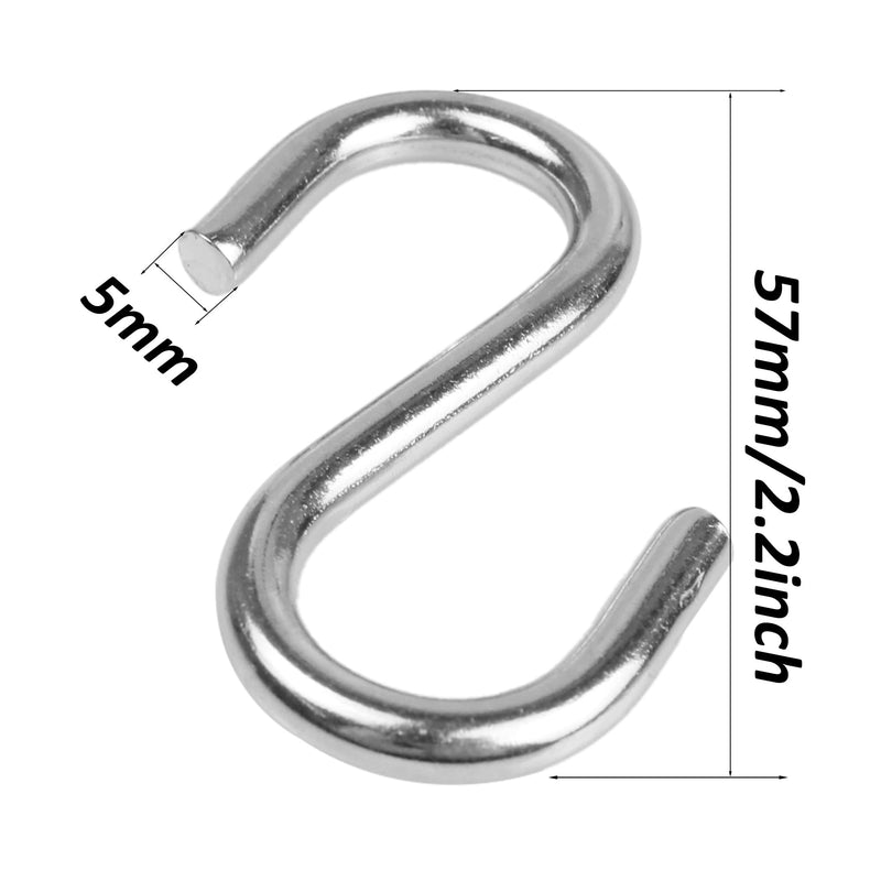 16PCS 2.2 Inch 304 Stainless Steel S Hooks, Heavy Duty M5 Hanging Hooks Metal S Shaped Hangers, Curtain Hanging Connectors S Shaped Utility Hooks 2.2inch