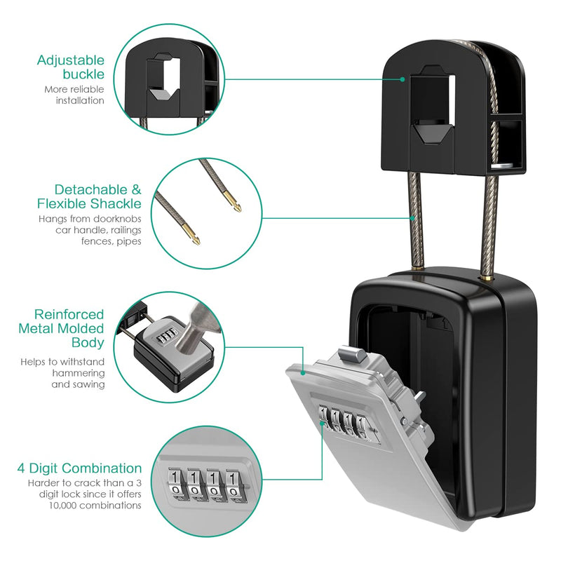 ORIA Key Lock Box, Resettable Key Storage Lock Box with Removable Buckle, Key Safe Lock Box Waterproof with 4 Digit Combination, 5 Keys Capacity for Home, Indoor, Outdoor, Lever Handles