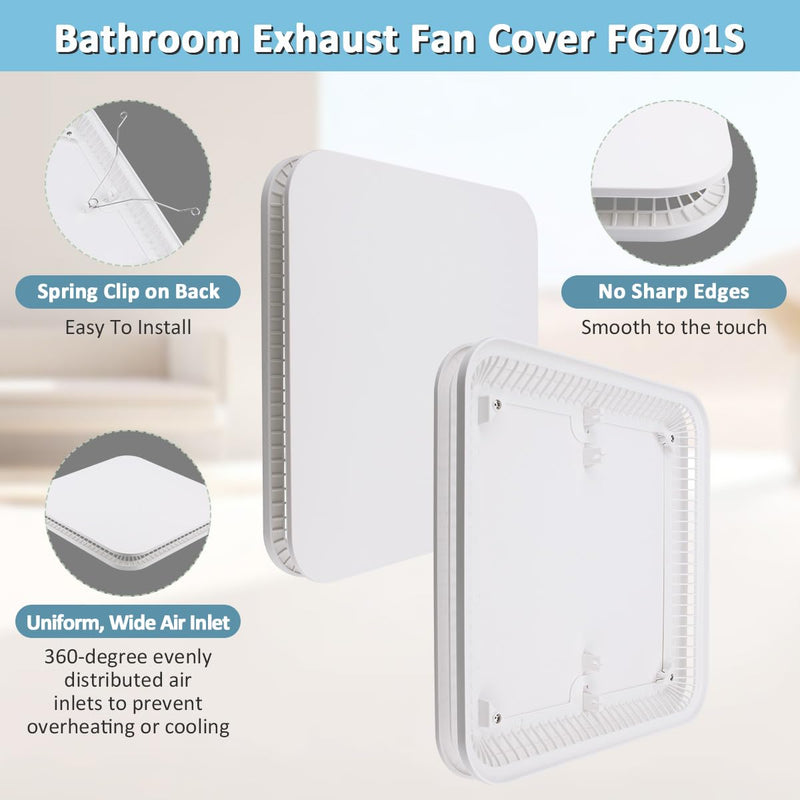 FG701S White Exhaust Bath Fan Grille Cover With Springs for NuTone Broan 678 FG701S, Ventilation Cover Bathroom Ceiling Fan Cover - 13.25" x 13.25"