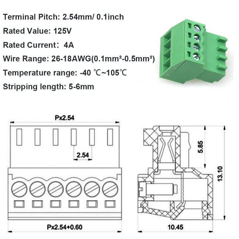 5Set 4-Pin 125V 4A 2.54mm 0.1" Pitch PCB Mount Screw Terminal Block Connector for 26-18AWG Cable 2.54mm-4-Pin