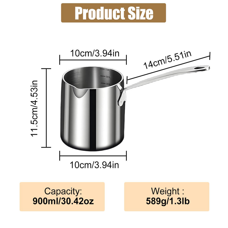 Stainless Steel Butter Warmer Pot 900ml/30.4oz, with Scale Marks | Milk & Chocolate Heating | Coffee & Tea | Multi-Layer Melting | Stovetop Safe(900ML)