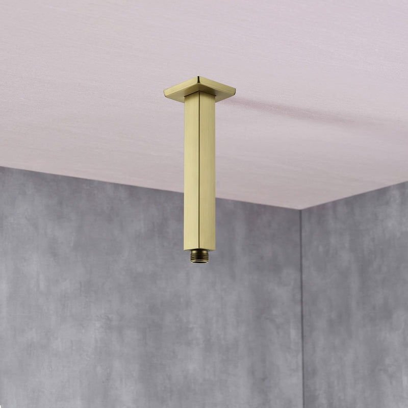 Brushed Gold Shower Arm with Flange 6 Inch Straight Stainless Steel Top Rainfall Shower Head Extension Pipe Square Shaped 6 Inches Brushed Gold