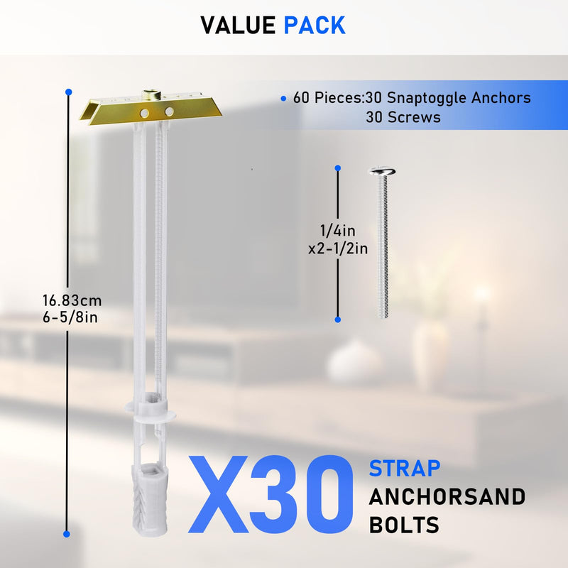 Drywall Anchor with Included Bolts for 1/4”-20, Heavy Duty Hollow Wall Anchors for TV Mounting Kit, Stainless Steel Hollow Wall Anchors Holds up to 270lbs Each in 1/2” Drywall (Pack of 30) 1/4”-20: Pack of 30
