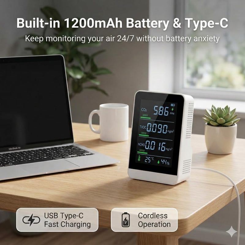 5-in-1 Indoor Air Quality Monitor, Professional CO2 Detector & Formaldehyde (HCHO) Tester, Portable TVOC Digital Hygrometer Thermometer for Home Office Car, White