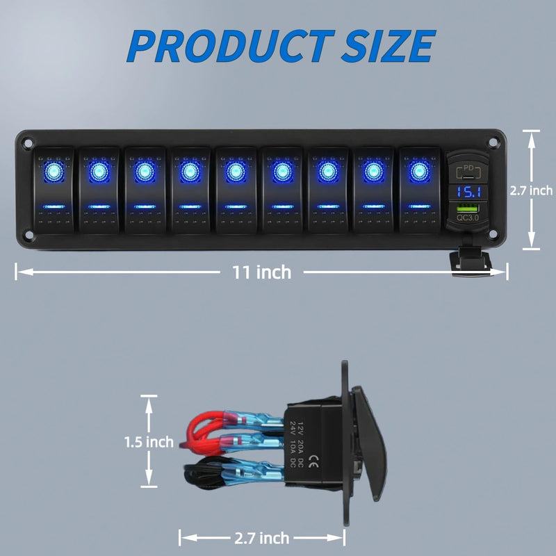 9 Gang 12V Boat Rocker Switch Panel with PD Type C and USB Charger DC 12-24V LED Voltmeter, Boat Toggle Dash 5 Pin SPST ON/Off Pre-Wired Rocker Switch for Car Car RV ATV UTV Truck Yacht Ship 9 Gang+PD
