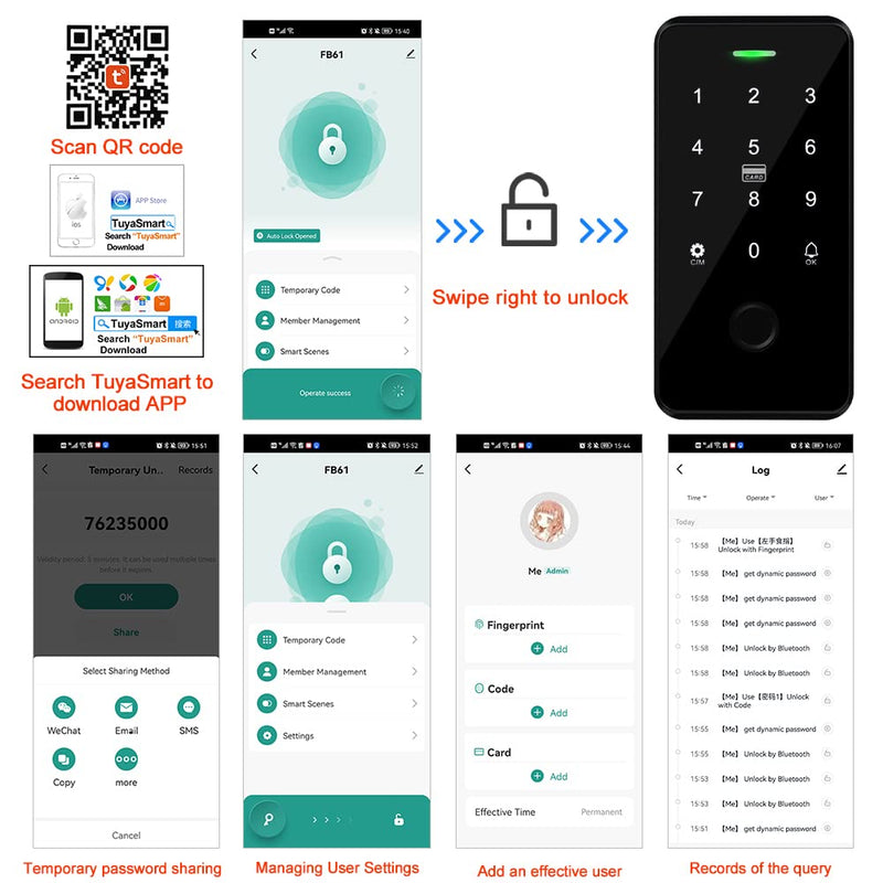 Bluetooth Tuya Door Access Control System Kit IP68 Waterproof RFID Keypad NFC Fingerprint Password Lock + Power Supply +10pcs Keyfobs (Without Lock) Without Lock