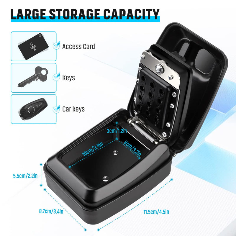 Key Lock Box for Outside, Sturdy Waterproof Wall Mount Lock Box for House Key, 12-Digit Combination Resettable Large Capacity Security Lockbox for Home, Garage, Office, Warehouse Black