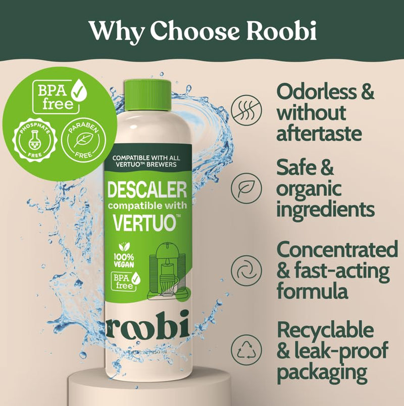 Roobi Nespresso Compatible Vertuo Cleaning & Descaling Kit. Includes 1 Bottle of Descaling Solution, 6 Cleaning Tablets and 1 Reusable Pod. Carbon Neutral Vertuoline Maintenance Kit. 6 Month Supply.