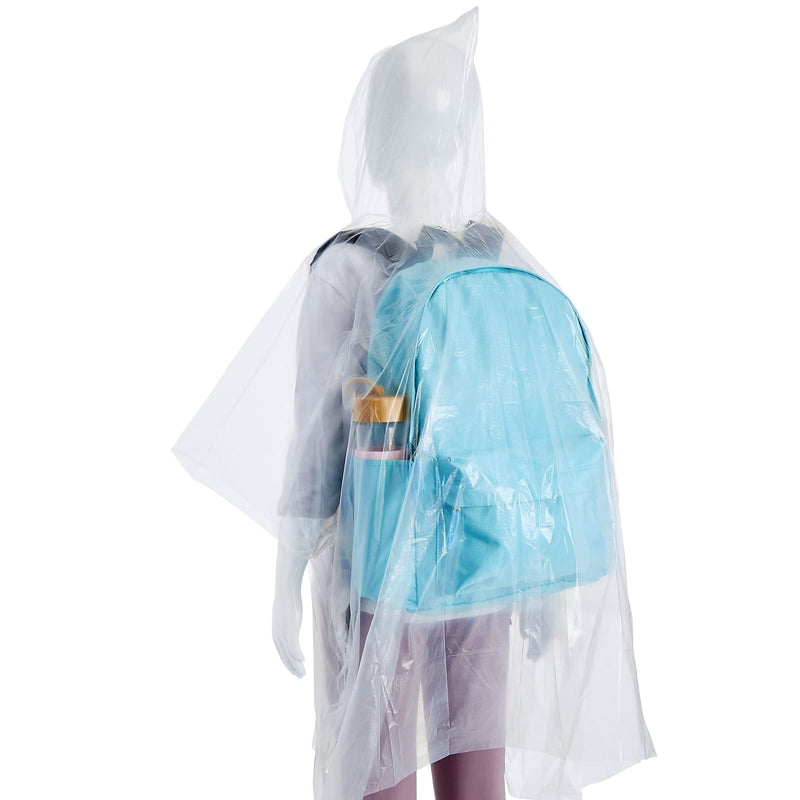 BLUE PANDA 20-Pack Disposable Rain Ponchos for Kids - Emergency Plastic Raincoats with Hood for Boys and Girls (4 Colors, Clear)