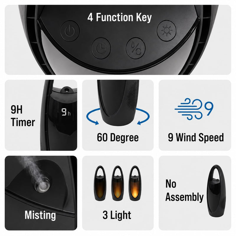 Japard Bladeless Misting Desk Fan 9-Speed Quiet Motor Office Lighting Black