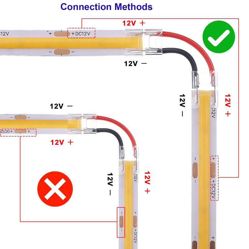 COB LED Connector 2 Pin 8mm Kit, 20pcs Solderless I Shape Connectors, 10pcs 15cm Long 20AWG Extension Wires for Single Color COB SMD LED Strip Connection 2PIN 8MM Straight Through