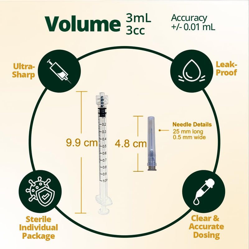 Elimedical Veterinary Syringe with Needle, Luer Slip 3cc (3ml), 22G x 3/4 inch (19mm), Individually Sealed, 100 per box, 03ST2219