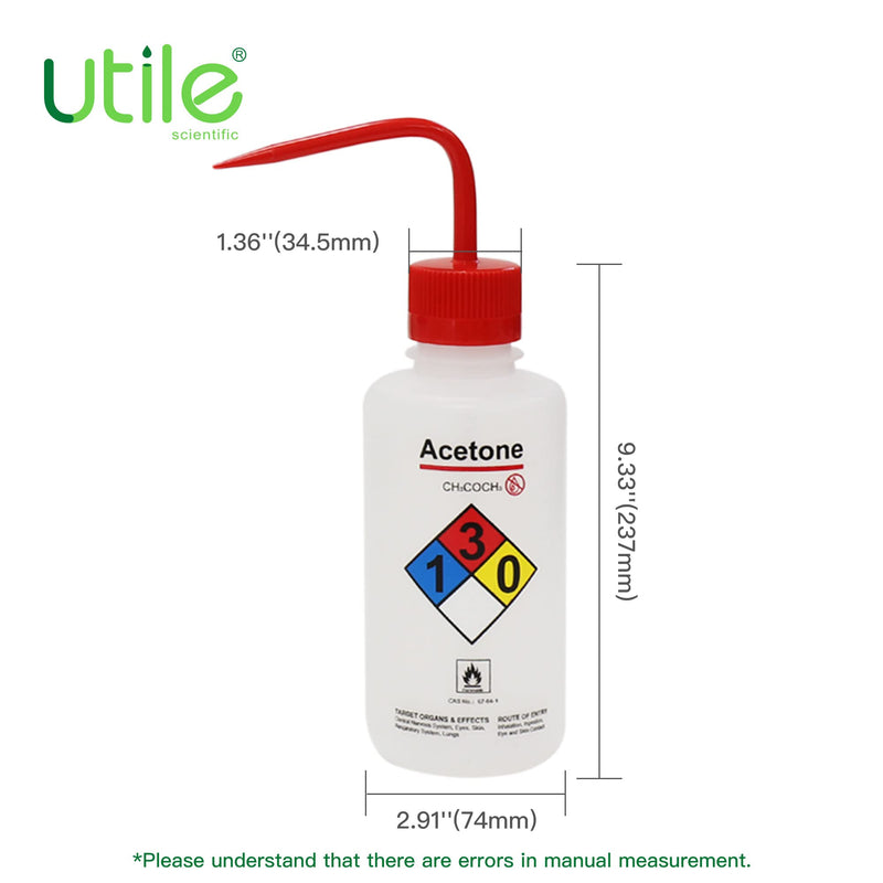 Utile 4pcs of Vol. 17oz (500ml) Acetone Wash Bottles, Narrow Mouth, Self-Venting Safety Squeeze Bottle, LDPE Material with PP Material Closure, 5511.0171.4 4pcs of Acetone Wash Bottles