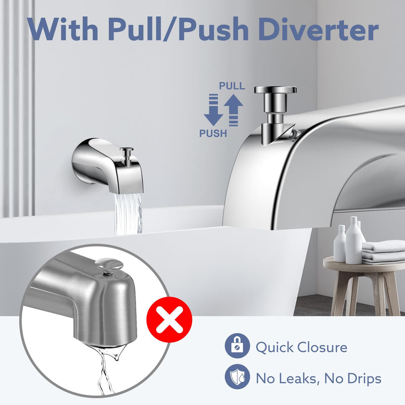 Universal Bathtub Tub Spout with Diverter, Fits 1/2" Slip-Fit Copper Pipe and 1/2" IPS & 3/4" IPS Thread Connections, Bathroom Tub Faucet Replacement with Adapters, PTFE Tape and Hex Wrench (Chrome) Chrome