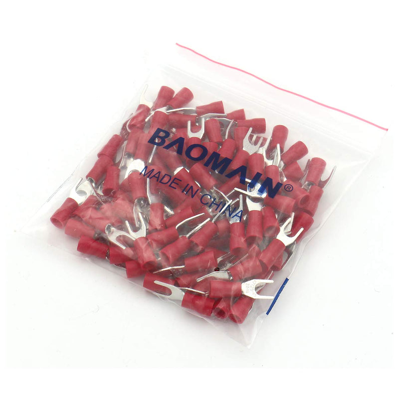 Baomain Red Insulated Fork Spade Wire Connector Electrical Crimp Terminal 16-22AWG #8 USA Screw (100PCS) 100