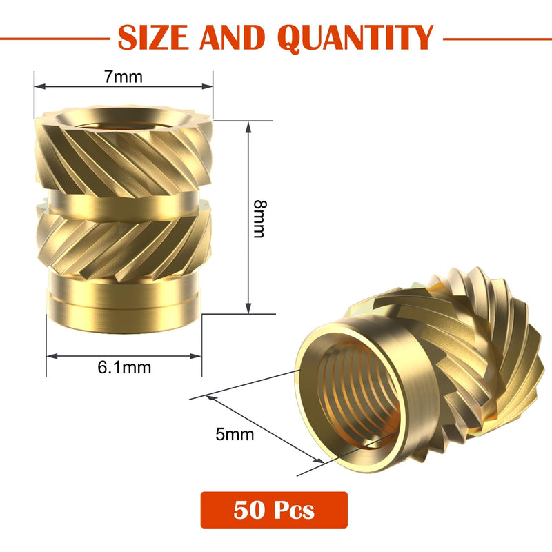 50Pcs M5 Heat Set Inserts, Metric knurled Nuts Brass Heat Set Insert for Plastic Parts,Insert by Heat into 3D Printing Components (M5xL8xD7) M5xL8xD7