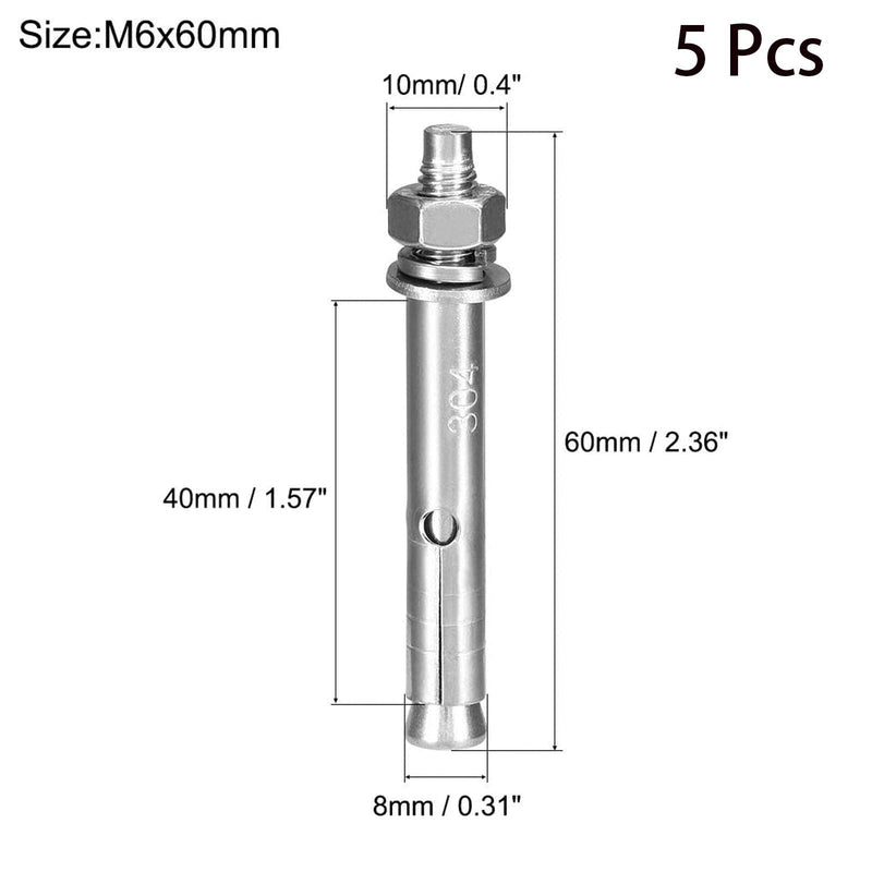 5 Pcs M6 x 60mm 304 Stainless Steel Expansion Bolt External Hex Expansion Screw Bolt Sleeve Anchor，Pool Safety Cover Expansion Bolts，for Concrete(a32800001) M6x60mm