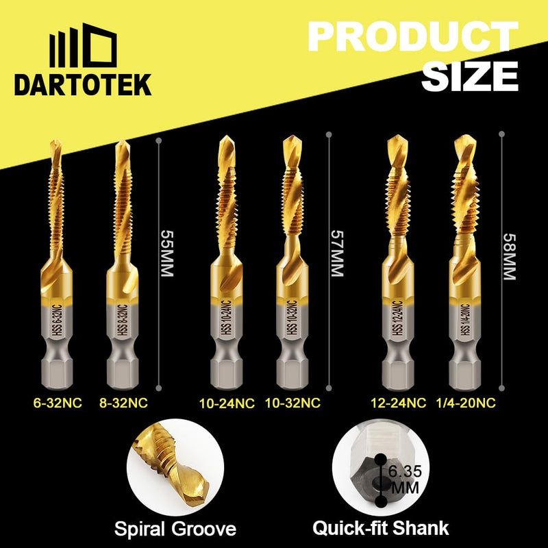 Combination Drill and Tap Bit Set,Titanium Coated Tapping Bit Tool 6pcs SAE Screw tap Drill bit for Drilling Tapping, Countersinking on Electric Drill or Tapping Machine 6pcs/1set SAE Gold 6