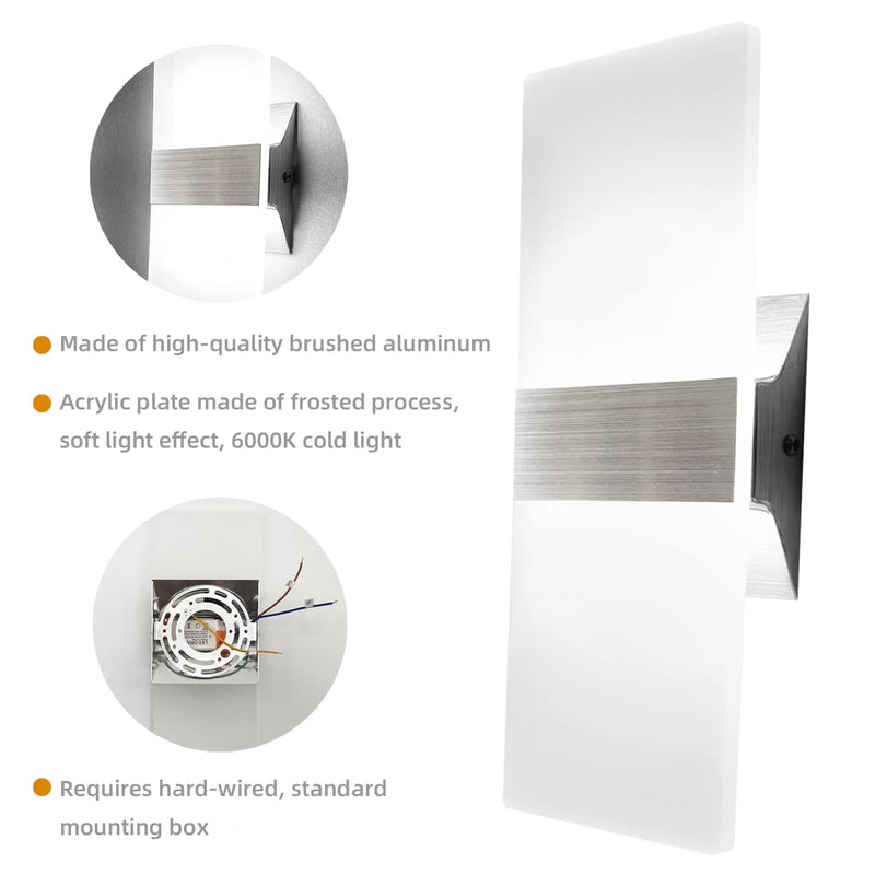 KICAAO Modern Wall Sconces Set of Two, Led Wall Light 10w, 6000k White Light Up Downlight, Hardwired Acrylic Wall Light Lighting, Suitable for Living Room Corridor Bedside (Cool White 6000K 2Pack) cool white 6000K 2Pack