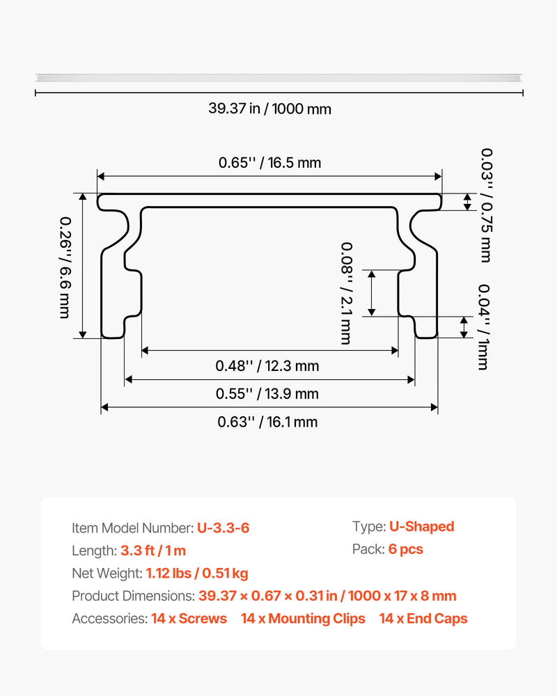 VEVOR 6-Pack 3.3 ft/1M U Shape LED Aluminum Channel, with Milky Cover, End Caps and Mounting Clips, Aluminum Profile for LED Strip Light Installations, Easy Installation, for Under Cabinet Counter 6Pcs* 3.3ft