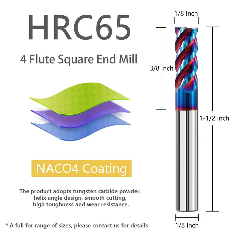 5PCS 1/8" Solid Carbide Square Nose End Mills Set 65HRC Tungsten Steel Milling Cutter 4 Flute CNC Milling Bits for Stainless Steel Hardness Steel 1/8 in 5