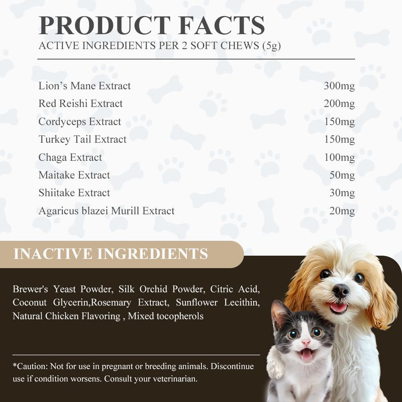 Mushroom Essence Chews Supplement for Dogs & Cats, 8-in-1 Formula for Immune, Cognitive and Heart Function, 120ct/300g