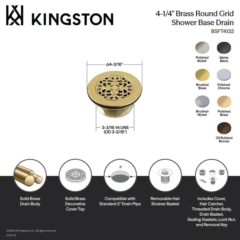 Kingston BSFT4138 4-1/4" Brass Round Grid Shower Base Drain, Brushed Nickel