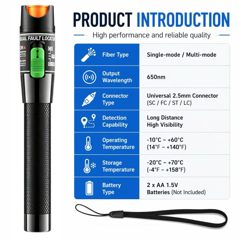 Visual Fault Locator, Fiber Optic Cable Tester Pen, VFL Red Light Tool with FC to LC Adapter & 2.5mm Universal Connector (Black, 30 KM) Black