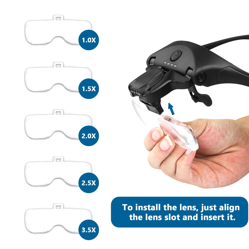 Headband Magnifying Glass with 4 LED Lights, Rechargeable Head Magnifier with 5 Detachable Lenses 1.0X, 1.5X, 2.0X, 2.5X 3.5X - Hands Free Lighted Magnifier Glass for Jewelry, Crafts, Cross Stitch Black 1.0X, 1.5X, 2.0X, 2.5X, 3.5X Head Magnifying Glass