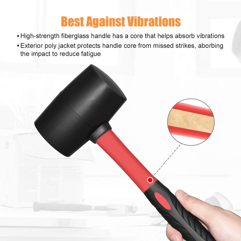 Fiberglass Handle Rubber Mallet Hammer Set, 8 OZ and 16 OZ, Soft Blow Tasks without Damage, Black with Red, 2 Packs