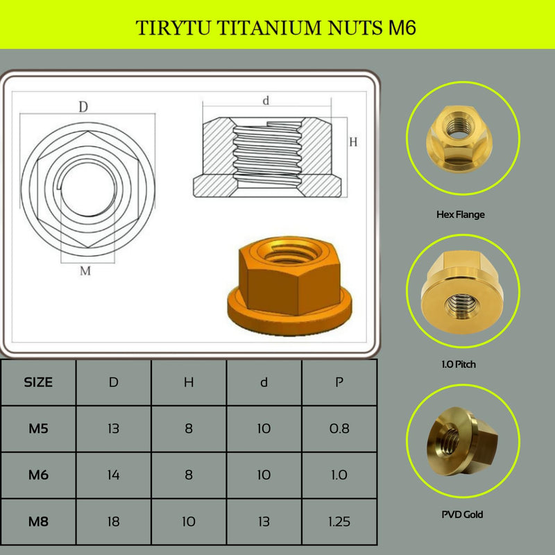 10PCS Titanium Flange Hex Nut M6, Gold M6 1.0mm Pitch