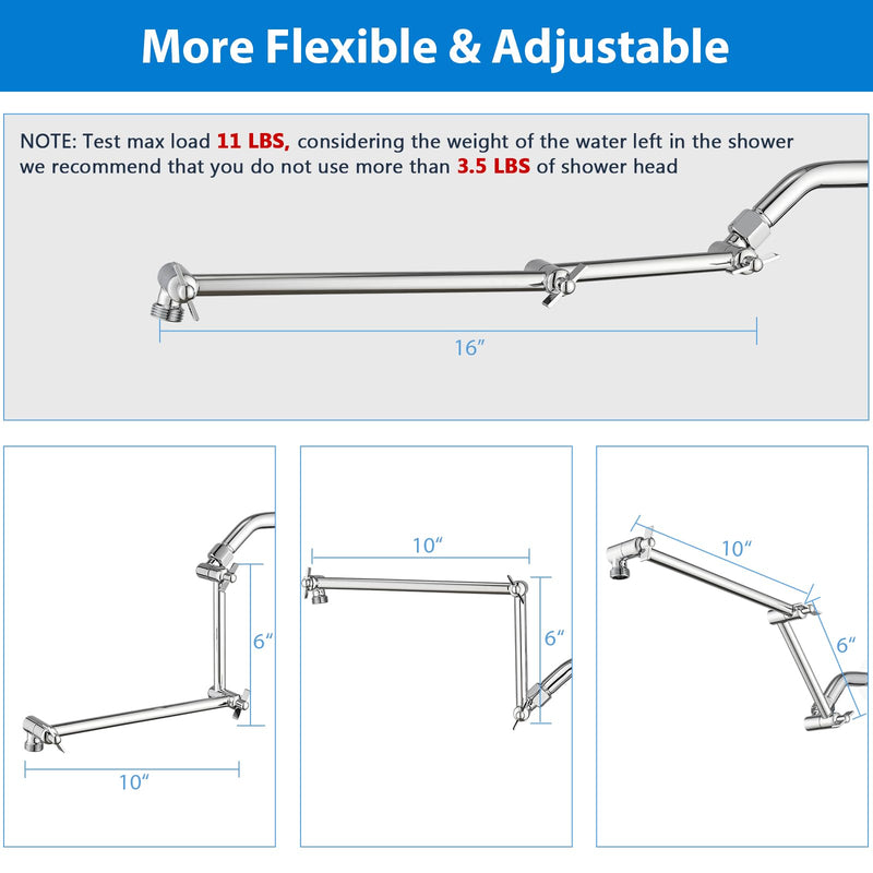 PDPBath Brass 16 Inch Shower Head Extension Arm, Upgrade Flexible Height & Angle Adjustable Shower Arm Extender with Lock Joints, for Fixed Shower Head & Handheld Shower Head, Chrome 6 Inch + 10 Inch