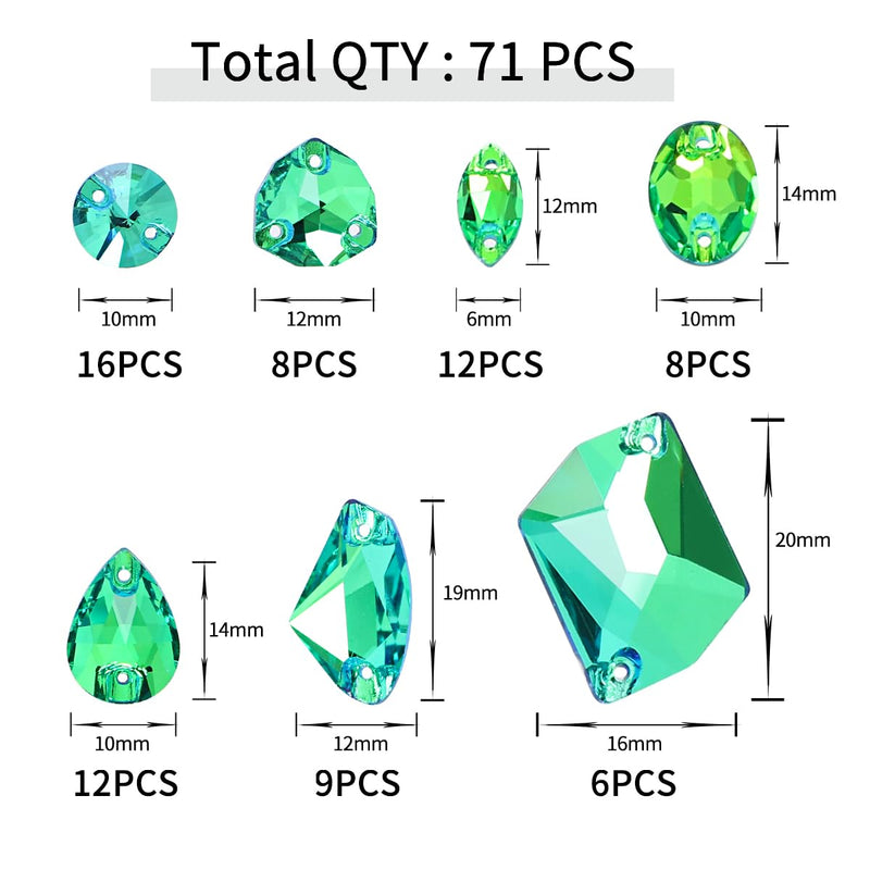 DONGZHOU Sew On Rhinestones for Clothes,71Pcs Sew On Crystals with Holes Flatback Sewing Stones Mix Shape Glass Crystal Gems for Jewelry, Shoes, Costume Peridot