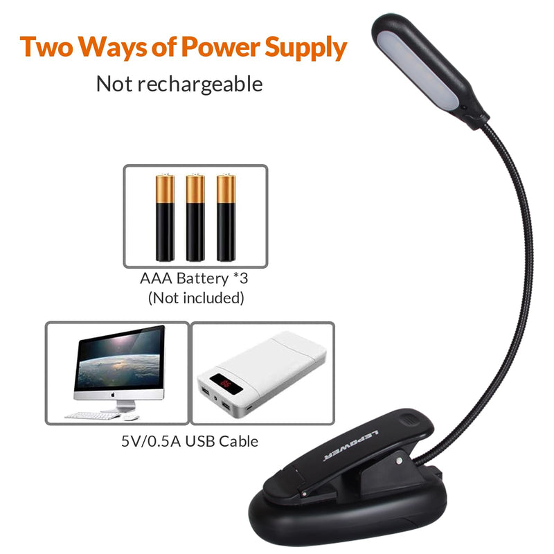 LEPOWER Clip on Book Light/Reading Light/Clip Light with 5 LED Eye Care, 3 Color Changeable, Portable Reading Lamp, Battery & USB Operated, Bed Light for Kids, Bookworms, Students(Black) Black