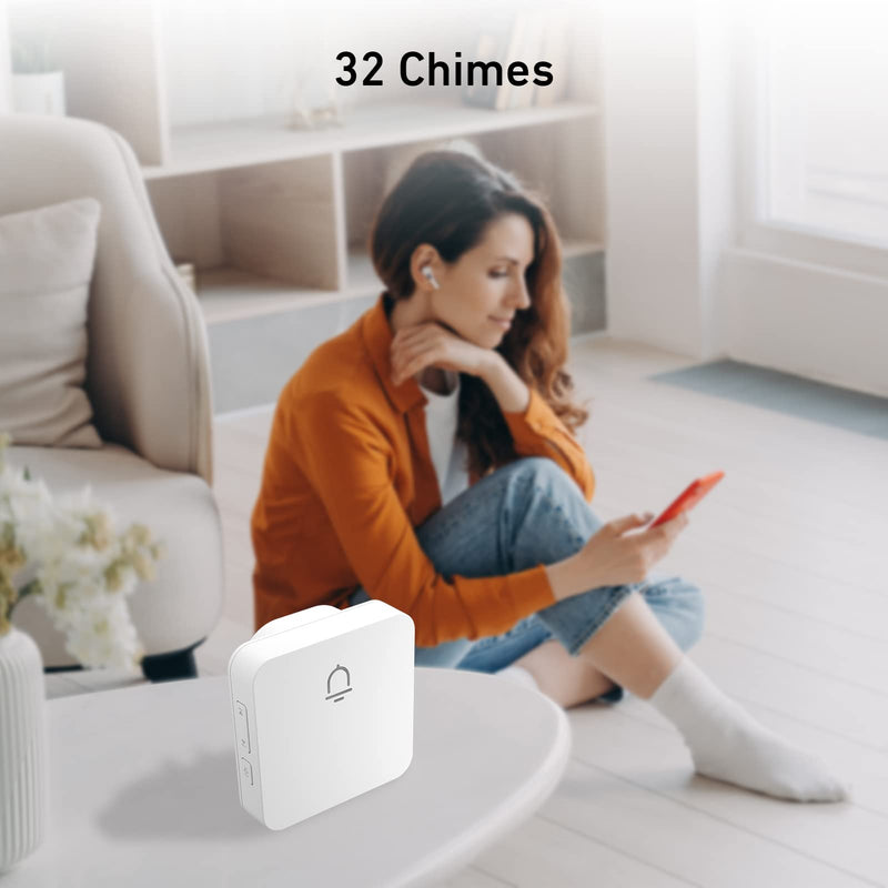 SECRUI Doorbell, 2 Receiver Wireless Doorbell with 1000ft Range, Adjustable Volume, Waterproof Design, Hassle-Free Installation, 32 Melodies, White 1 Push Button 2 Receiver