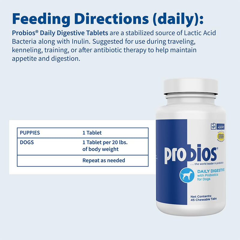 Probios Chewable Tablets for Dogs, Daily Probiotic Supplement for Gut Health, Digestion & Immune Support, Improves Microbiome Balance During Stress, Travel, Chicken Liver, 45 Count (Pack of 2) 45 Count (Pack of 2)